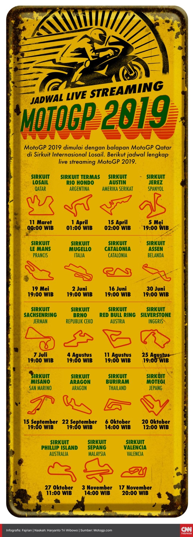MotoGP 2019 dimulai dengan balapan MotoGP Qatar di Sirkuit Internasional Losail. Berikut jadwal lengkap live streaming MotoGP 2019.