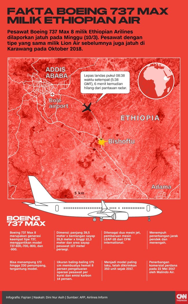 Pesawat Boeing 737 Max 8 milik Ethiopian Arilines dilaporkan jatuh pada Minggu (10/3).