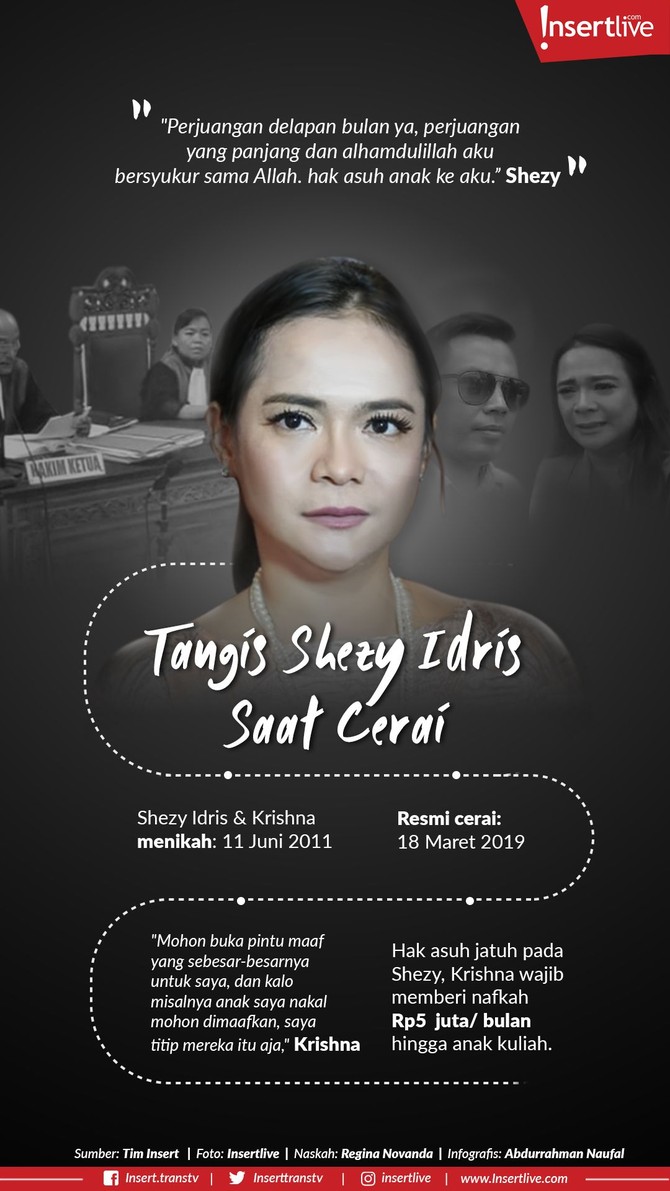Shezy Idris resmi menyandang status janda. Sambil berurai air mata, Shezy memeluk suaminya usaj sidang pada Senin (18/2) kemarin.