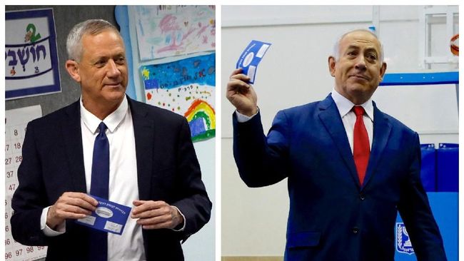 Netanyahu dan Gantz Saling Klaim Menang Pemilu Israel PM Benjamin Netanyahu dan rivalnya, Benny Gantz, saling klaim menang dalam pemilu Israel, Selasa (9/4), setelah hasil hitung cepat menunjukkan persaingan ketat.