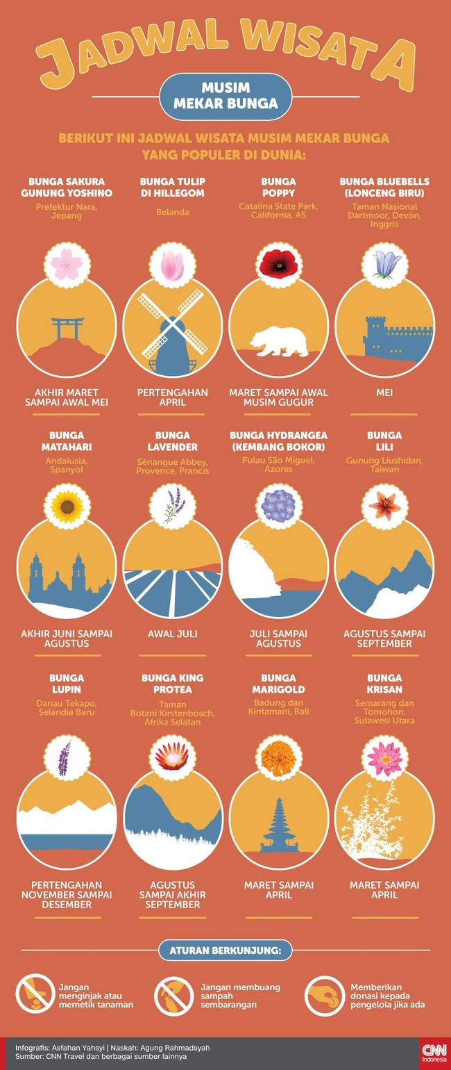 Berikut ini jadwal wisata musim mekar bunga yang populer di dunia.