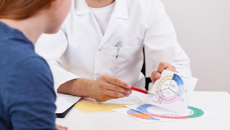 Male gynecologist explaining young girl menstrual period