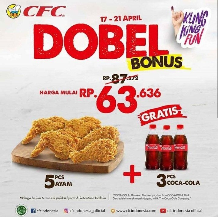 <p>Wah, CFC memberikan double diskon mulai tanggal 17 - 21 April nih, Bun.</p>