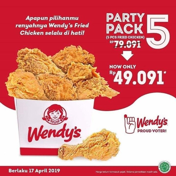 <p>Wendy's memberi harga khusus lho, Bun, tapi hanya berlaku hanya di hari Rabu, 17 April 2019 saja ya.</p>