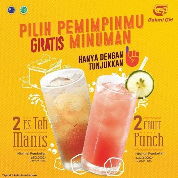 <p>Bakmi GM memberikan gratis minuman nih buat Bunda dan Ayah yang sudha menunjukkan jari ungu. Ada es teh dan fruit punch ya.</p>