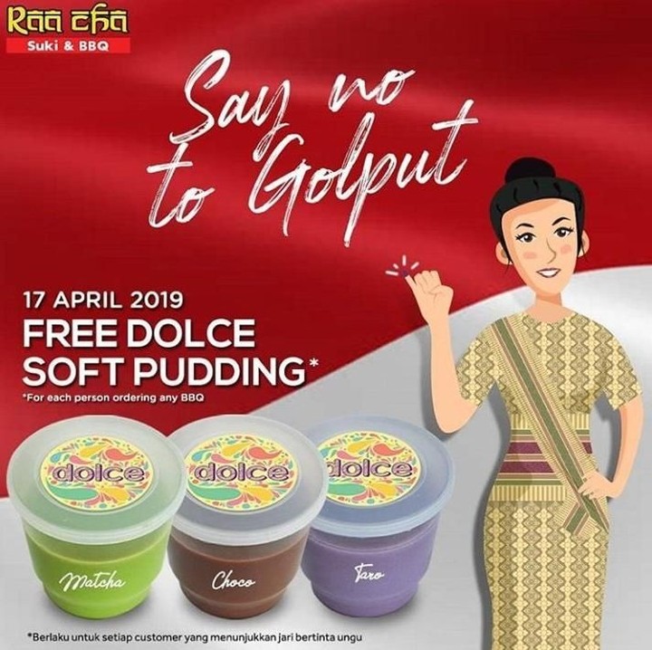 <p>Racha memberikan gratis puding untuk para pelanggan yang enggak golput. Tunjukkan jari ungu pada Rabu, 17 April 2019 ya, Bun.</p>