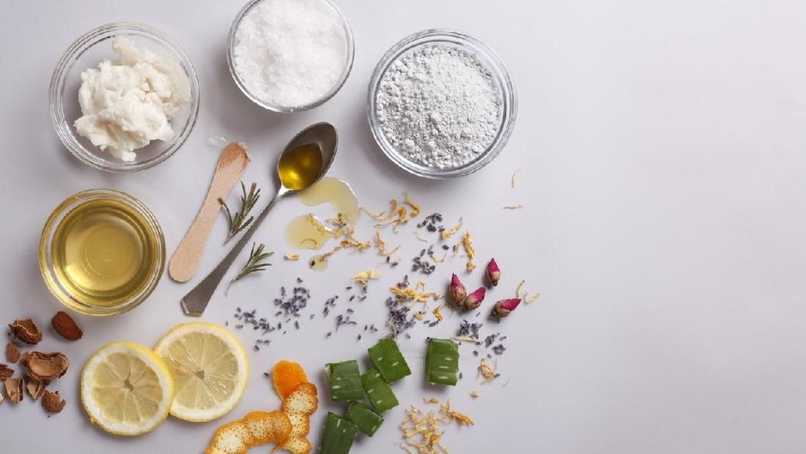 Organic and natural cosmetic ingredients with copy space.