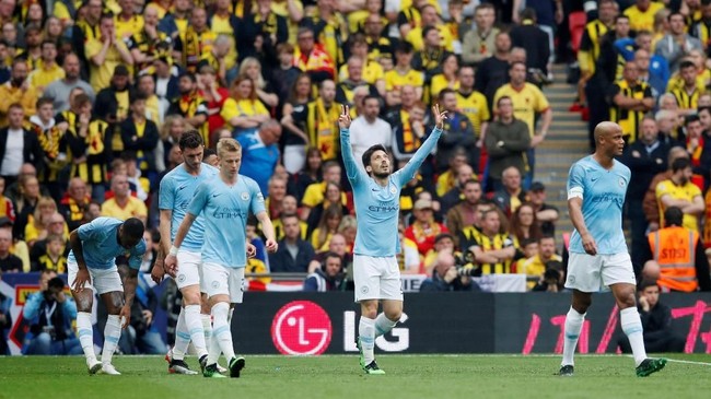 Manchester City unggul 2-0 atas Watford di babak pertama dalam laga final Piala FA di Stadion Wembley, Sabtu (18/5) waktu setempat.