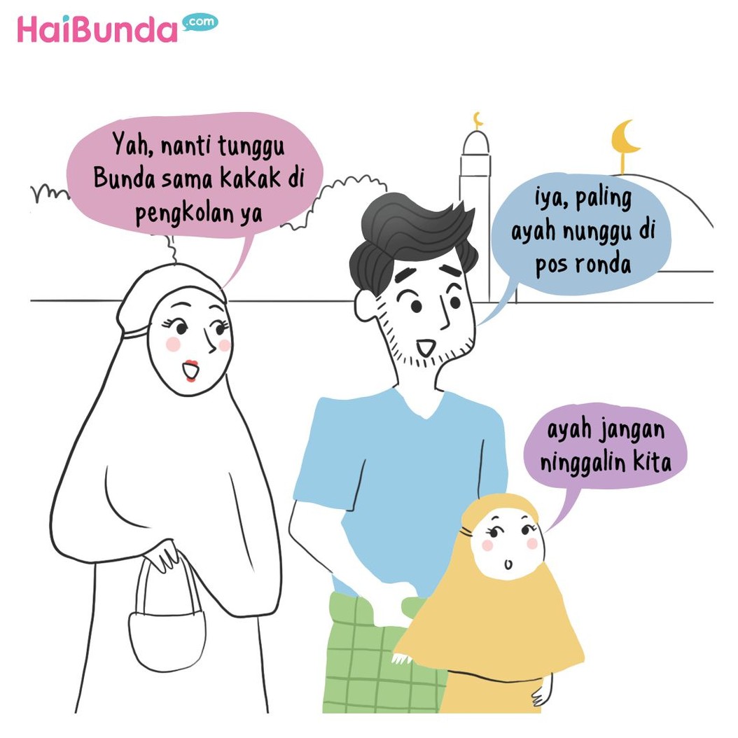 Selalu ada cerita di keluarga bunda di komik ini dalam perjalanan pulang salat Tarawih. Apa cerita keluarga Bunda setelah pulang tarawih?