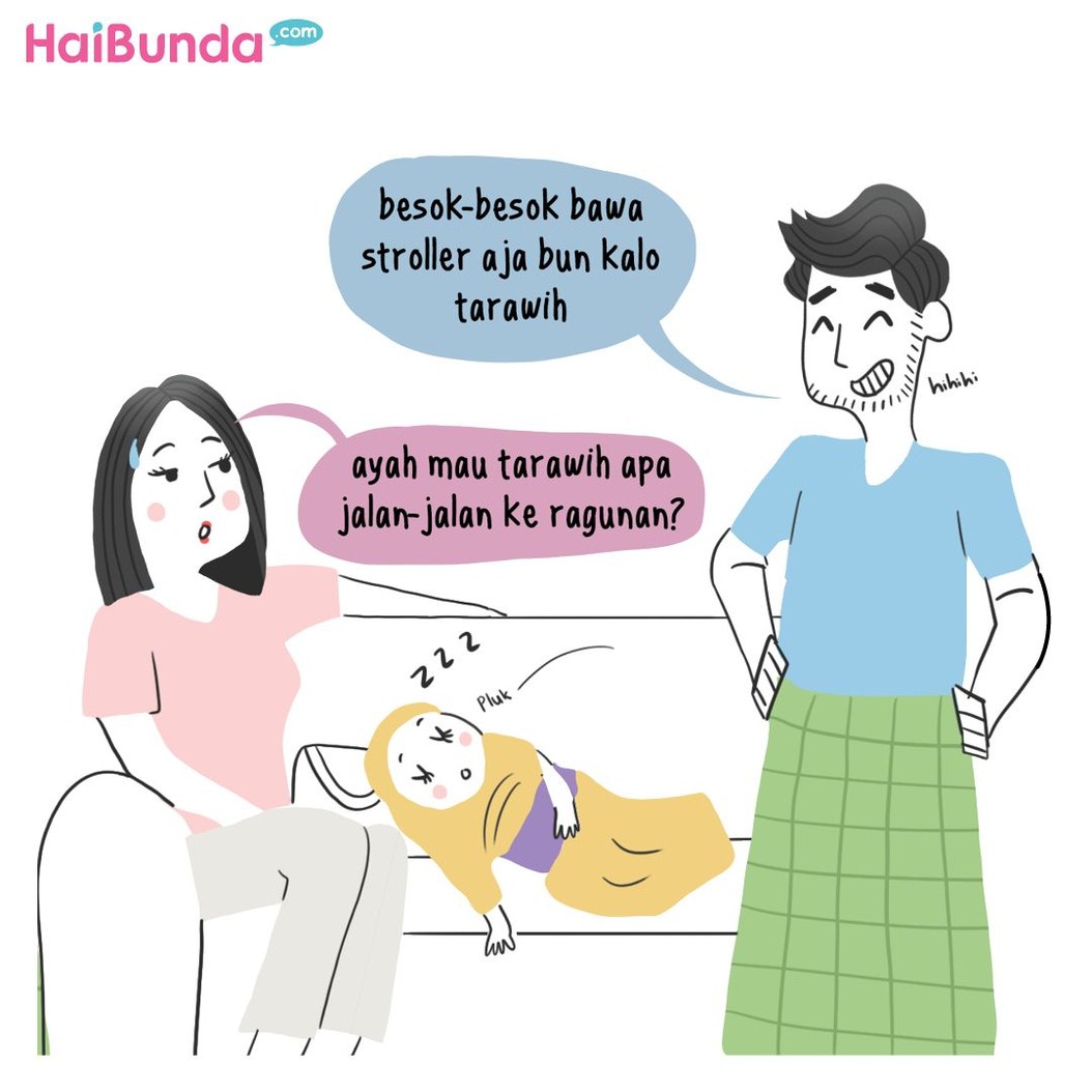 Selalu ada cerita di keluarga bunda di komik ini dalam perjalanan pulang salat Tarawih. Apa cerita keluarga Bunda setelah pulang tarawih?
