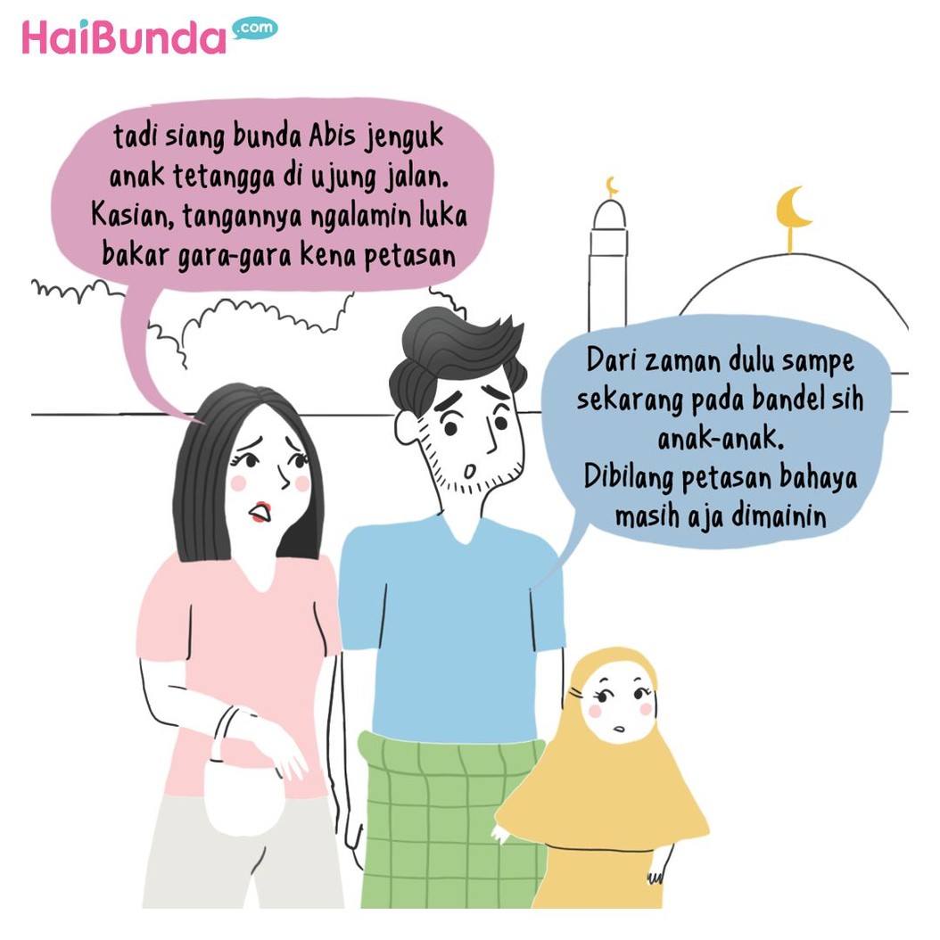 Di keluarga Bunda di komik ini, ada cerita tentang petasan yang biasa dinyalakan anak-anak. Apa cerita tentang petasan di lingkungan rumah Bunda?