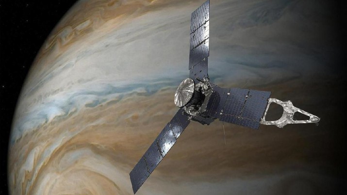 An illustration depicting the U.S. space agency's Juno spacecraft in orbit above Jupiter's Great Red Spot. NASA/JPL-Caltech/Handout via REUTERS