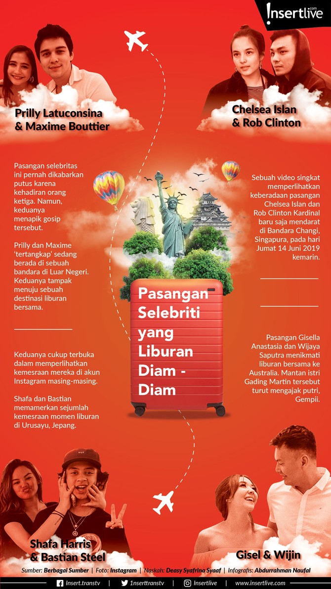 Meski belum resmi menikah, deretan pasangan selebriti ini menikmati waktu bersama melalui agenda liburan. Bahkan destinasi yang dipilih jauh dari Indonesia.