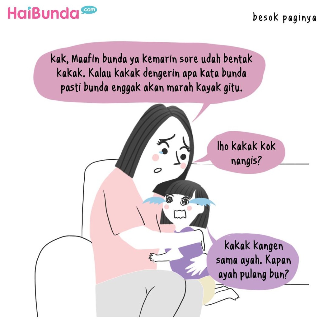 Penyesalan dirasakan bunda di komik ini setelah membentak kakak. Bagi Bunda, apa hal yang dilakukan ke anak dan membuat Bunda merasa bersalah serta menyesal?