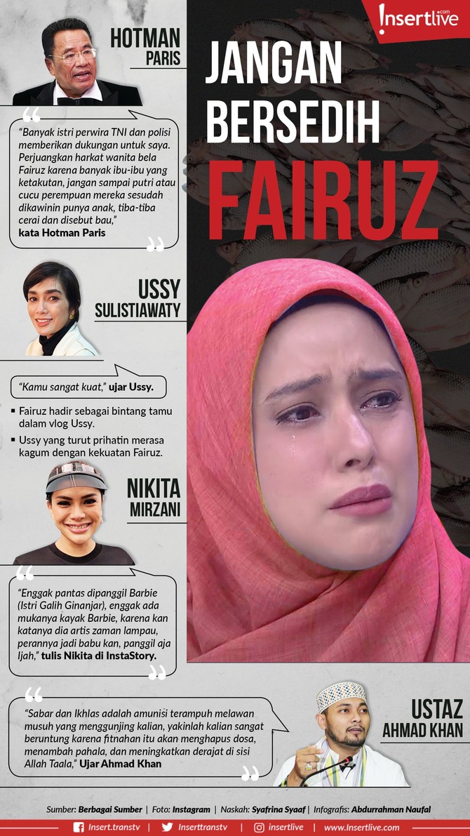 Infografis: Jangan Bersedih Fairuz Fairuz A. Rafiq diterpa ujian akibat ucapan Galih Ginanjar. Ia memutuskan melawan lewat jalur hukum. Sejumlah artis pun turut memberikan dukungan kepada Fairuz.