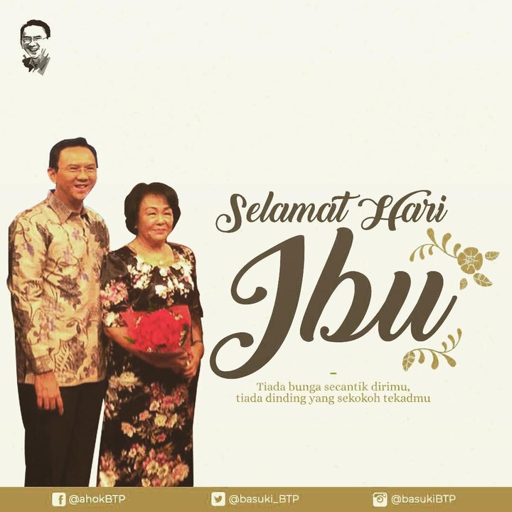 <p>Sweet! Ahok beri pujian untuk Buniarti di Hari Ibu beberapa waktu lalu. Bagi Ahok, ibunya adalah sosok yang selalu mendukungnya, termasuk memberi restu hubungannya dengan wanita pujaan, Puput Nastiti Devi. (Foto: Instagram @basukibtp)</p>