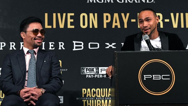 Petinju veteran Manny Pacquiao bersiap menghadapi Keith Thurman di MGM Grand Garden Garden Arena, Nevada, Amerika Serikat.