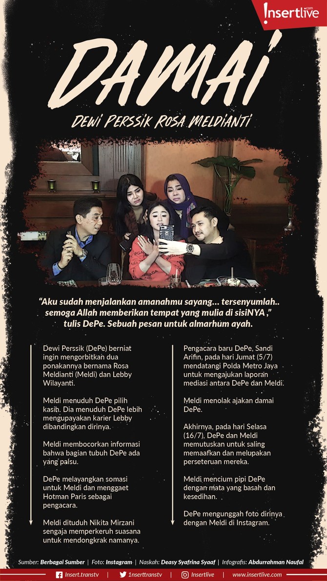 Perdamaian antara Dewi Perssik dan Rosa Meldianti diwarnai dengan tangisan dan pelukan. Pertengkaran keluarga yang pernah terjadi sudah tinggal kenangan.