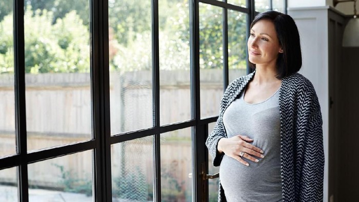 Shot of a pregnant woman looking out the window at home
