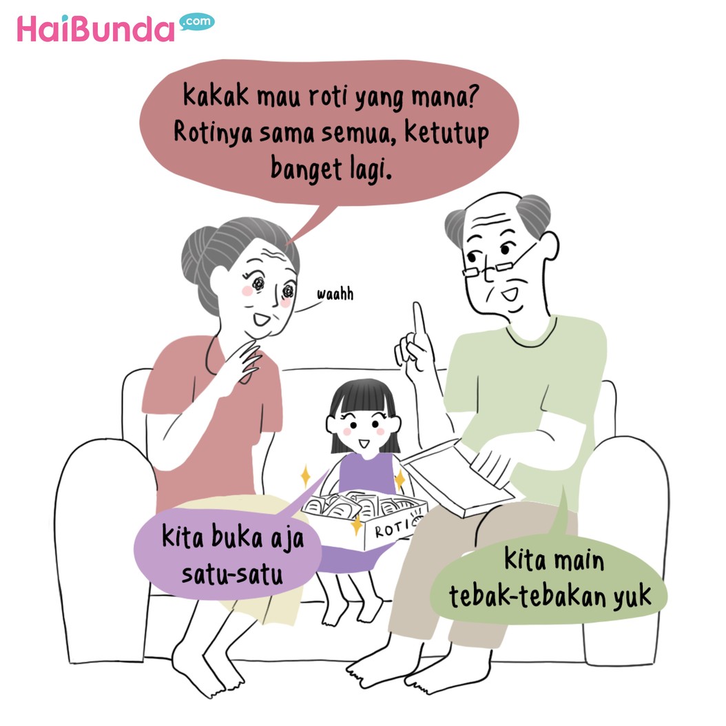 Roti isi jadi 'mainan' seru kakak dan kakek-neneknya di komik ini. Nah, apa hal seru yang pernah si kecil lakukan dengan kakek-nenek, Bun? Share yuk. 