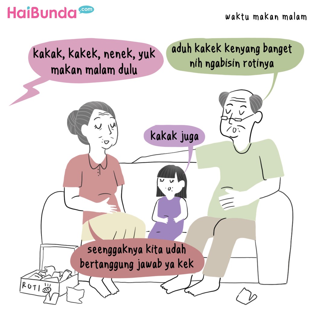 Roti isi jadi 'mainan' seru kakak dan kakek-neneknya di komik ini. Nah, apa hal seru yang pernah si kecil lakukan dengan kakek-nenek, Bun? Share yuk. 