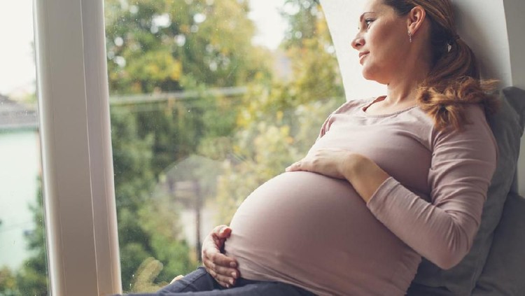 Pregnant woman holding her belly, looking through window