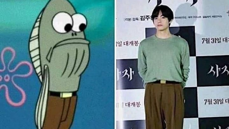 Sejumlah penggemar menyamakan gaya busana V mirip dengan karakter Spongebob.