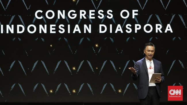 Ketua Dewan Pengawas Indonesia Diaspora Network Global Dino Patti Jalal memberikan pidato saat pembukaan Kongres Diaspora Indonesia ke-5. Jakarta, 10 Agustus 2019.