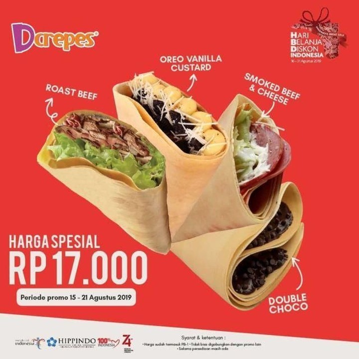 <p>Kudapan yang menawarkan aroma menggoda, D'Crepes juga memberikan promo menarik lho. Sampai tanggal 21 Agustus, ada 4 varian makanan yang dijual seharga Rp17.000. (Foto: Istimewa)</p>