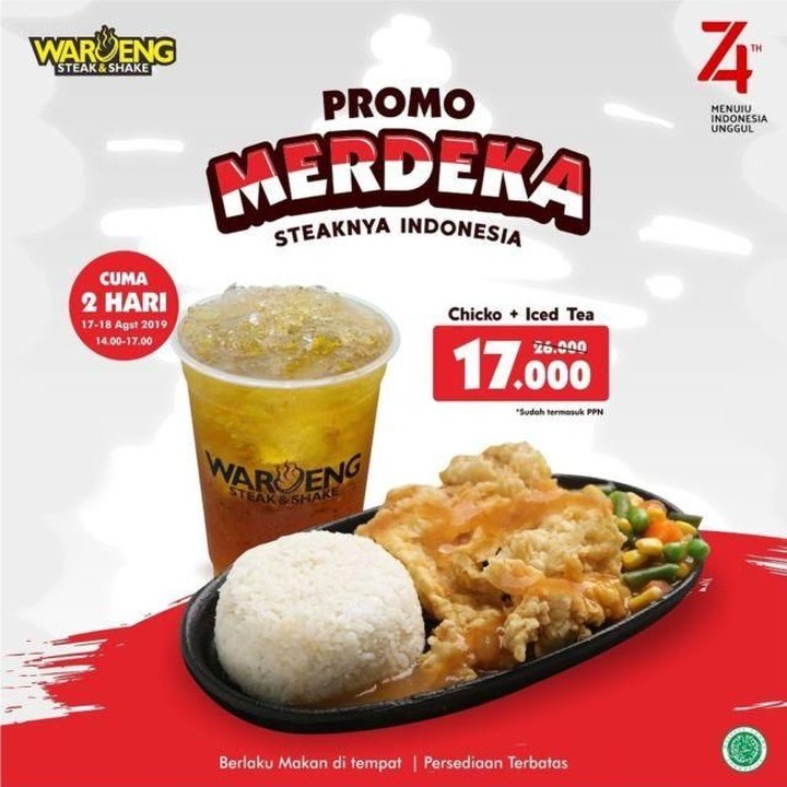<p>Cuma berlaku dua hari sampai 18 Agustus, Waroeng Steak & Shake menawarkan harga spesial Rp.17000 untuk sebuah paket nasi dan ayam. (Foto: Istimewa)</p>