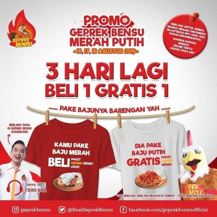 <p>Gepek Bensu menawarkan promo yang unik nih, Bun. Sampai tanggal 18 agustus, bagi pelanggan yang memakai baju merah putih ada penawaran spesial. (Foto: Istimewa)</p>