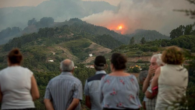 Setidaknya 5.000 orang dievakuasi akibat kebakaran lahan di kawasan pulau Gran Canaria, Kepulauan Canaria, Spanyol, pada Minggu (18/8).