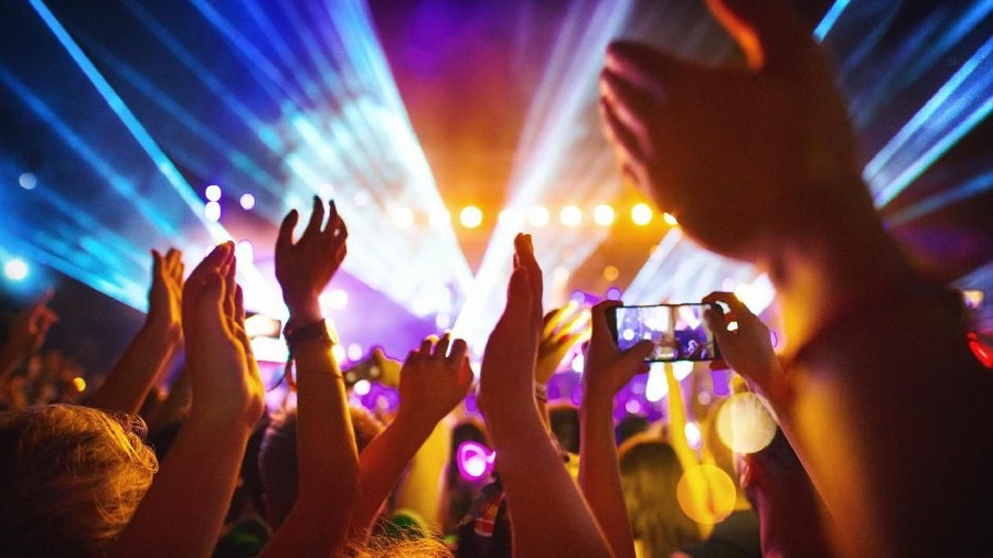 Rear view of excited crowd enjoying a DJ performance at a festival. There are many raised hands, some of the holding cell phones and taping the show.

People in foreground are released.
