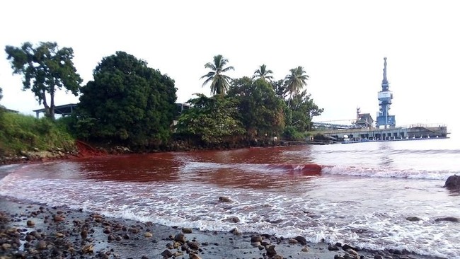 Perairan Teluk Basamuk, Papua Nugini berubah warna karena tercemar limbah tambang nikel BUMN China.