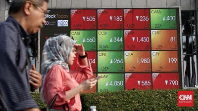 Pejalan kaki melintasi papan IHSG, Jakarta, Selasa, 3 September 2019. Per akhir sesi dua, indeks saham acuan di Indonesia melemah 0,46% ke level 6.261,59. CNNIndonesia/Safir Makki
