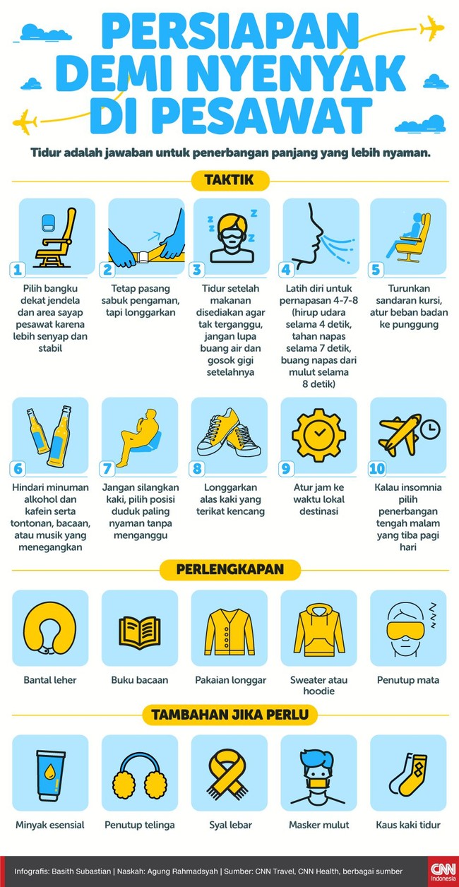 Bagi yang berencana melakukan penerbangan panjang, berikut sejumlah tips agar mudah terlelap di pesawat.