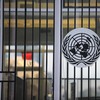 New York, USA October 16 2016:United nation headquarter and un logo in new york.  the official headquarters of the United Nations since its completion in 1952