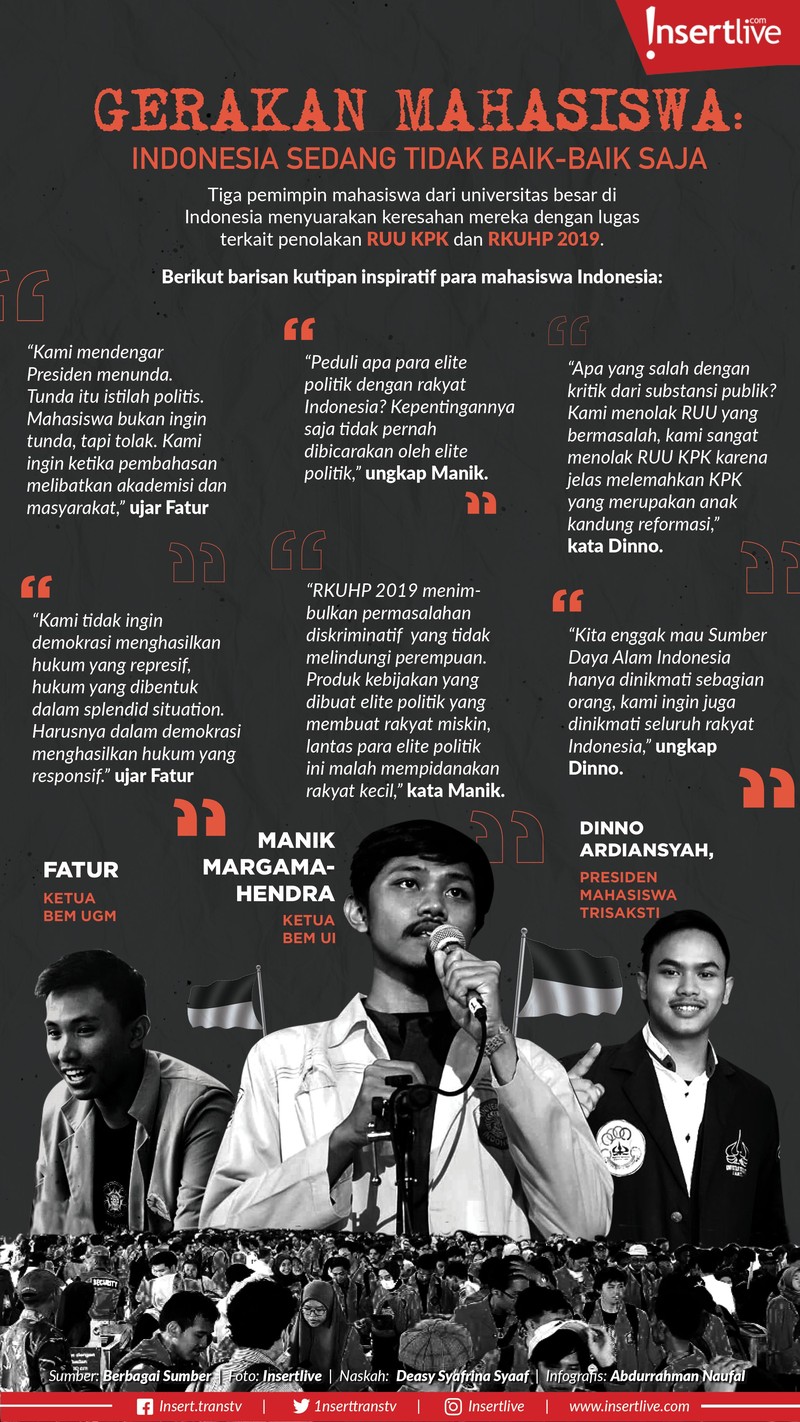 Tiga pemimpin mahasiswa dari universitas besar di Indonesia menyuarakan keresahan mereka dengan lugas terkait penolakan RUU KPK dan RKUHP 2019&period;