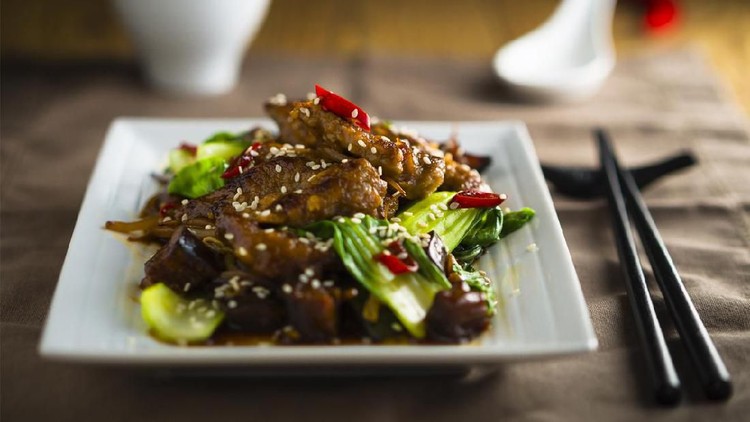 Home made Oriental beef stir-fried with pok choi&comma;aubergine and bean sprouts