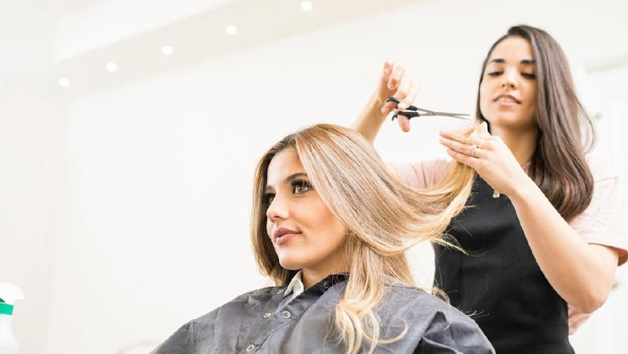 Pretty brunette working as a hairdresser and cutting hair tips of a female customer in a beauty salon