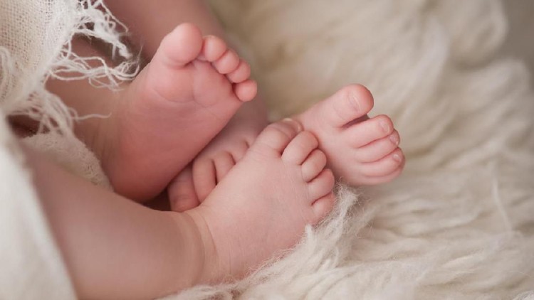 A closeup shot of the feet of twin girl babies. Shot in the studio on a sheepskin rug.