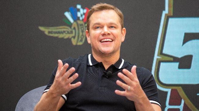 Honorary co-starter of the Indy 500 Matt Damon speaks at the Indianapolis Motor Speedway on May 25, 2019 in Indianapolis, Indiana, ahead of the 103rd running of the Indianapolis 500 in Indianapolis, Indiana (Photo by Kerem Yucel / AFP)
