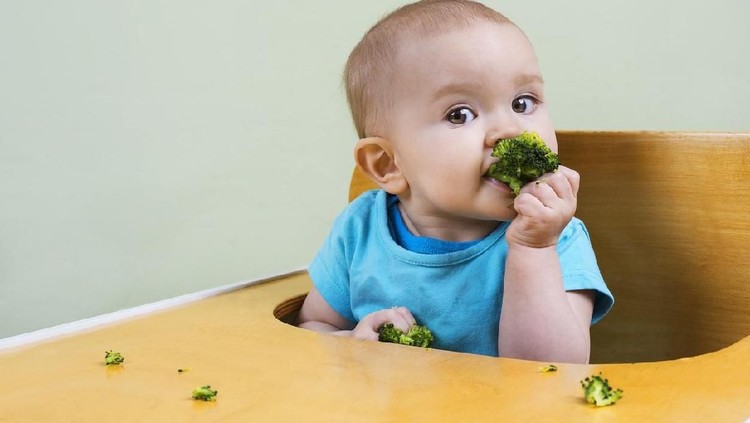 Cute baby eating broccoli