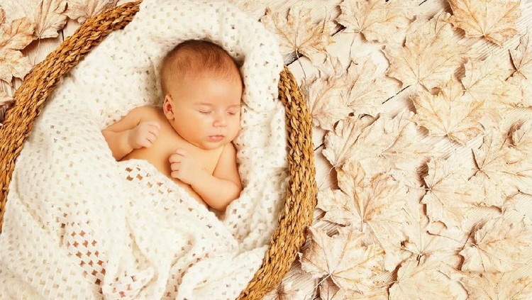 Baby Sleep in Autumn Leaves, New Born Kid Asleep on Decorated Background, Newborn One Month Old