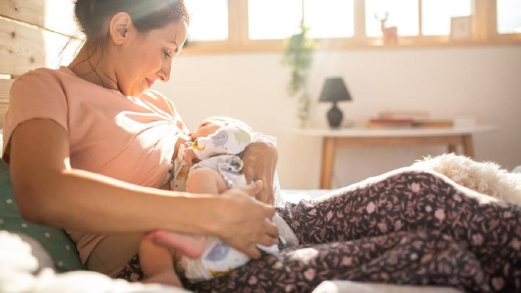 Mother breastfeeding baby, Maltese dog lying on bed near them on sunny morning