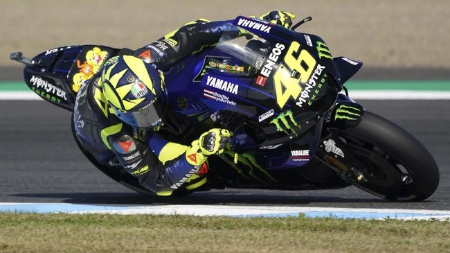 Italy's MotoGP rider Valentino Rossi rides during a warm-up for the MotoGP Japanese Motorcycle Grand Prix at the Twin Ring Motegi circuit in Motegi, north of Tokyo, Sunday, Oct. 20, 2019. (AP Photo/Christopher Jue)