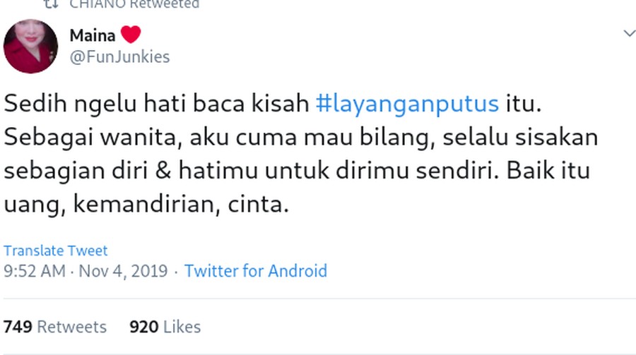 Cuitan Kisah Layangan Putus 2 Kisah Layangan Putus jadi trending topics nomor satu di Twitter.