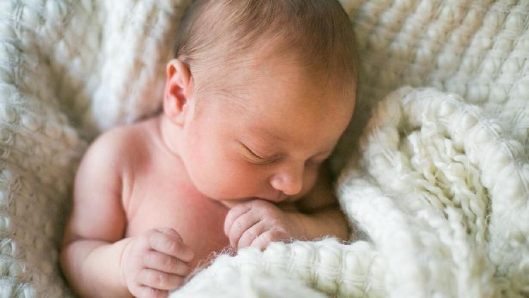 Sweet newborn baby sleeps in a basket. Beautiful newborn boy with bear toy.