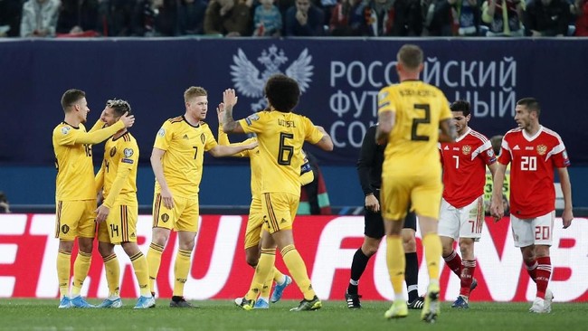 Eden Hazard mencetak dua gol saat timnas Belgia mengalahkan timnas Rusia 4-1 di Grup I Kualifikasi Piala Eropa 2020.