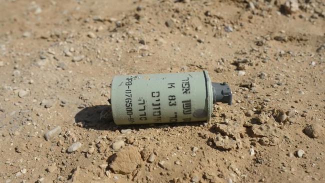 Granat yang ditemukan warga Kecamatan Tambelang, Kabupaten Bekasi, Jabar, lengkap dengan pemicunya disebut polisi sebagai "granat gas air mata".